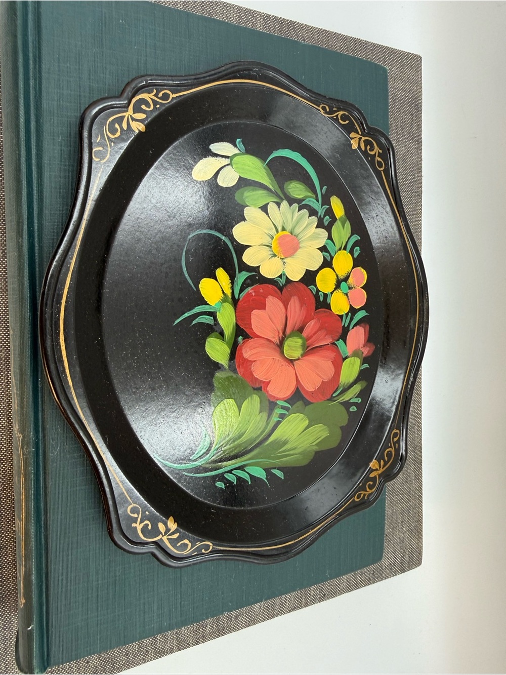 Vintage Russian Hand Painted Floral Flowers Toleware Black Serving Tray 7x6 - Picture 2 of 11